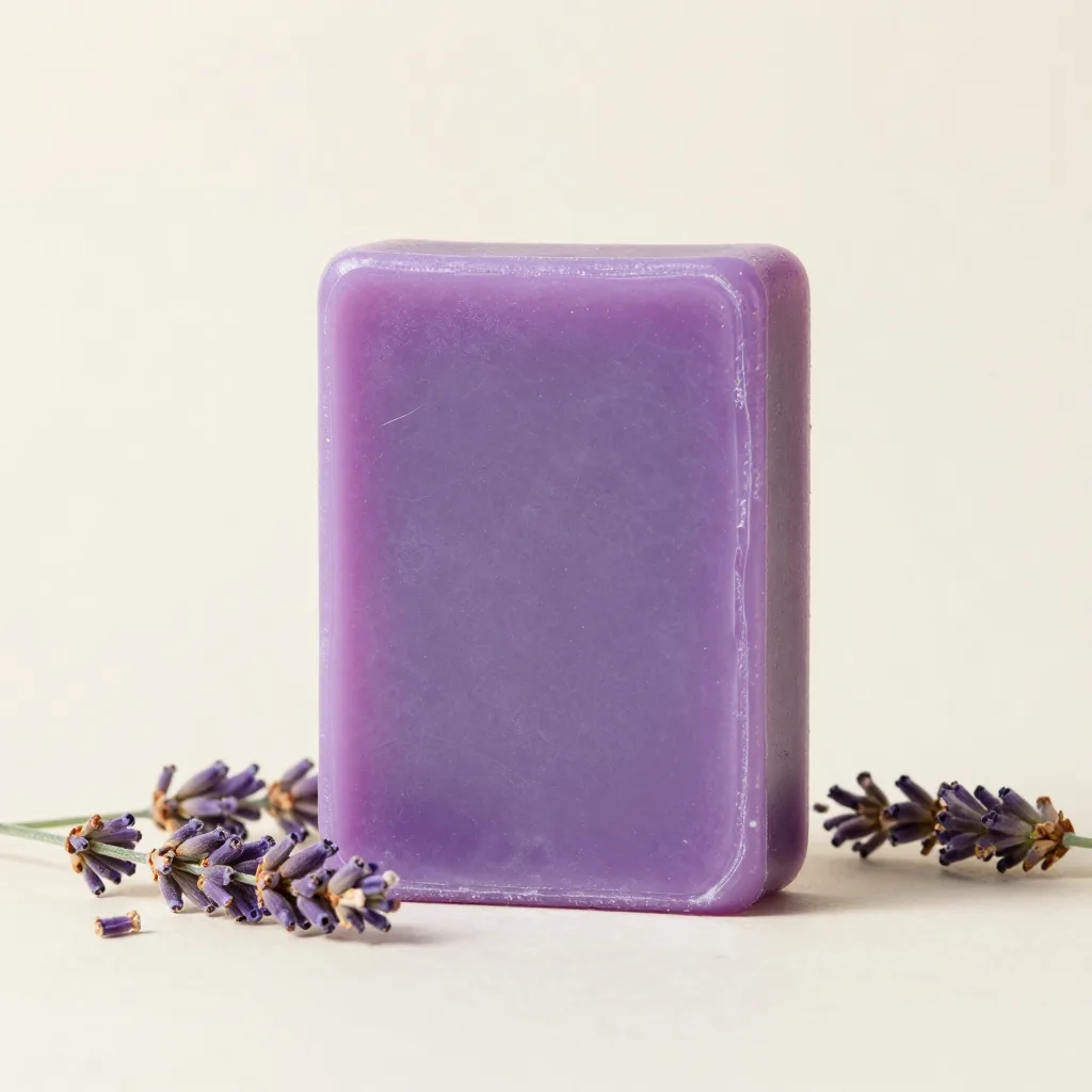 A solid shampoo bar in lavender scent on a light background