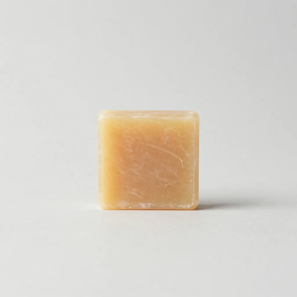 A small trial-size solid shampoo bar on a light background
