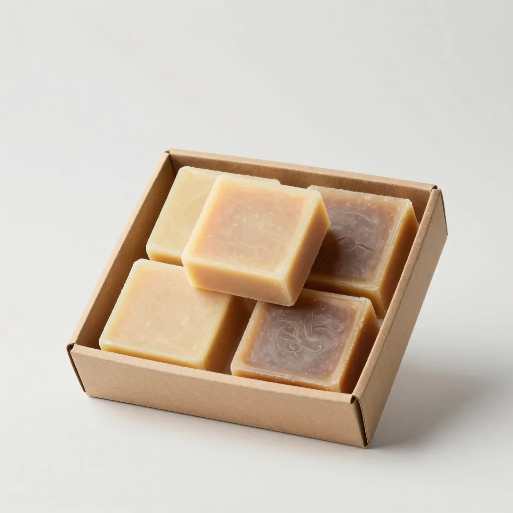 Four solid shampoo bars in a cardboard box on a light background